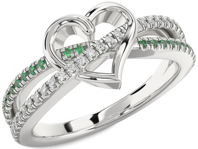 Diamond & Emerald Silver Heart Promise Ring