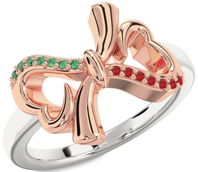 Emerald & Ruby Rose Gold Silver Heart Bow Promise Ring