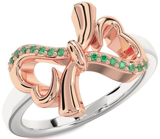 Emerald Rose Gold Silver Heart Bow Ring