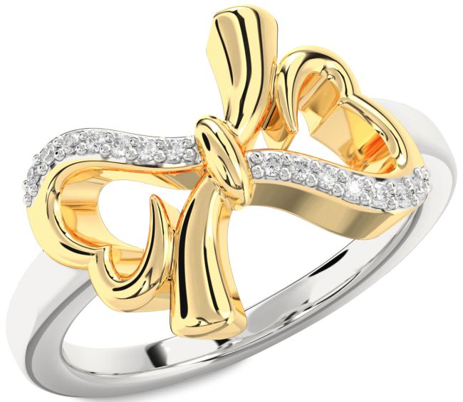 Diamond Gold Silver Heart Bow Ring