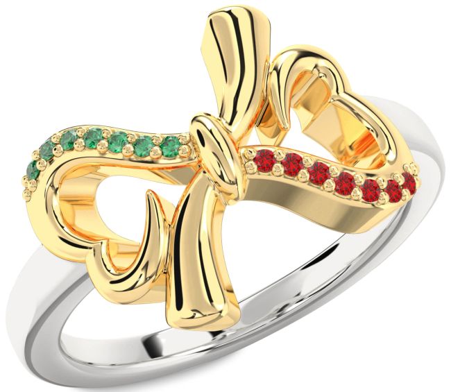 Emerald & Ruby Gold Silver Heart Bow Promise Ring