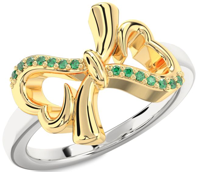 Emerald Gold Silver Heart Bow Ring