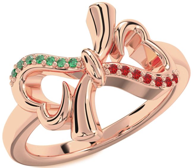 Emerald & Ruby Rose Gold Heart Bow Promise Ring