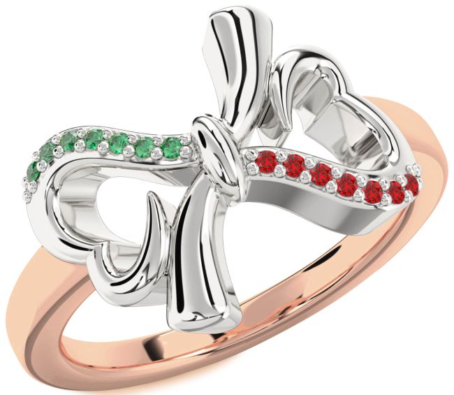 Emerald & Ruby Rose Gold Silver Heart Bow Promise Ring