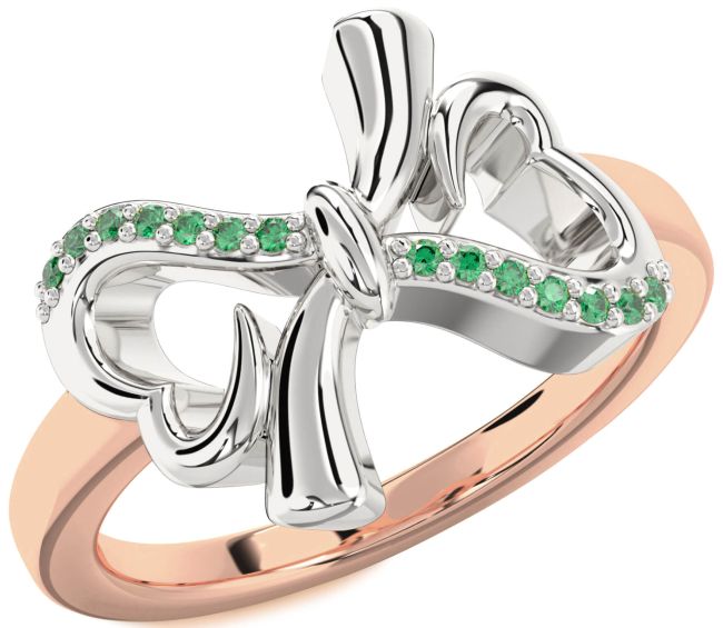 Emerald Rose Gold Silver Heart Bow Ring