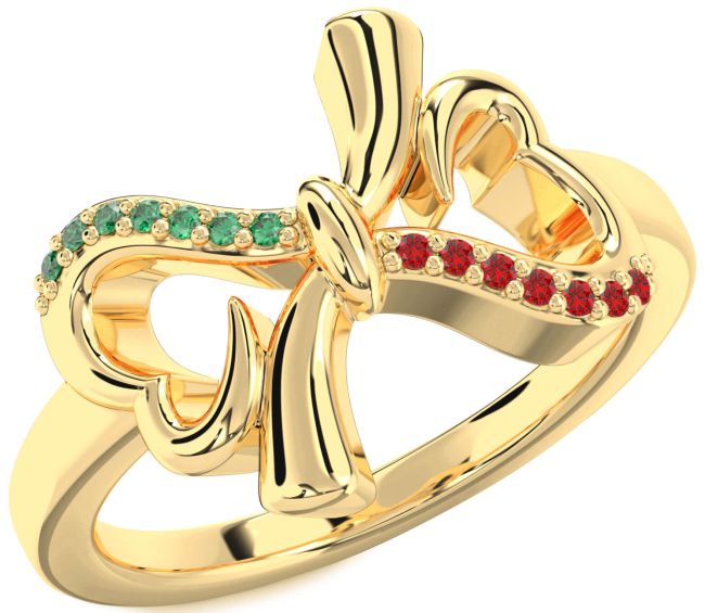 Emerald & Ruby Gold Heart Bow Promise Ring