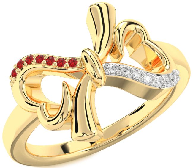 Diamond & Ruby Gold Silver Heart Bow Promise Ring
