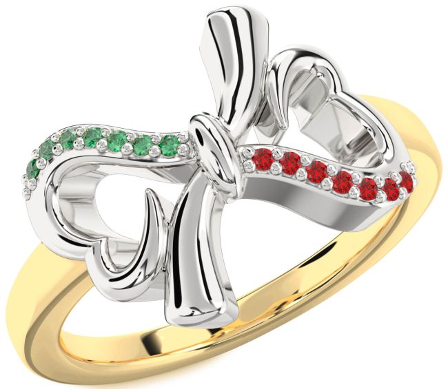 Emerald & Ruby Gold Silver Heart Bow Promise Ring
