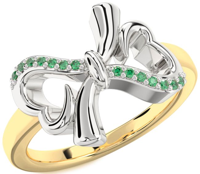 Emerald Gold Silver Heart Bow Ring