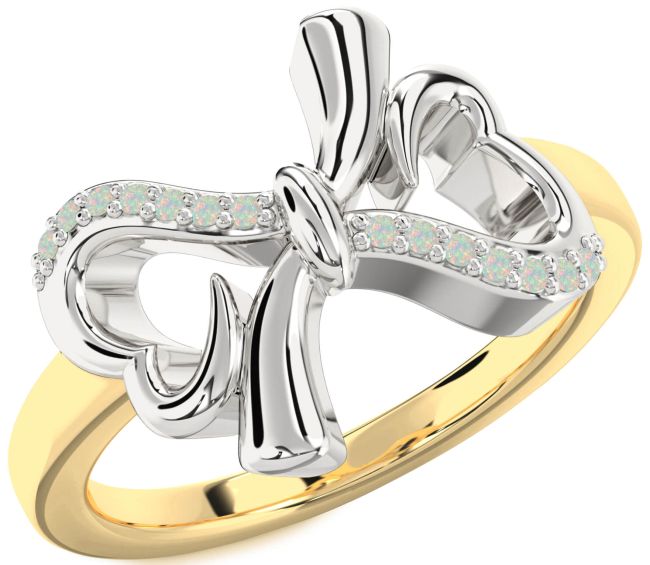 Opal Gold Silver Heart Bow Ring