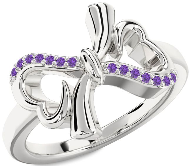 Amethyst Silver Heart Bow Ring