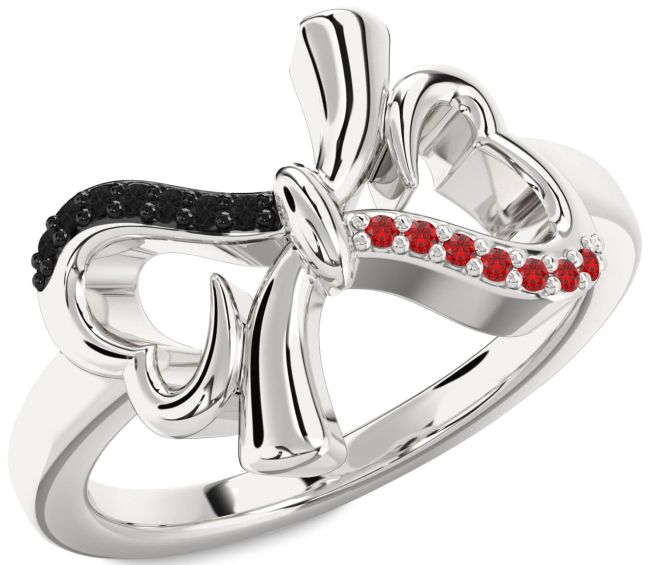 Black Diamond & Ruby Silver Heart Bow Promise Ring