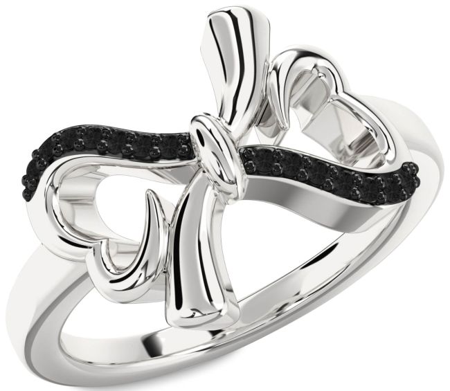Black Diamond Silver Heart Bow Ring