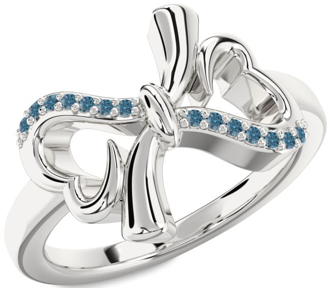 Blue Diamond Silver Heart Bow Ring