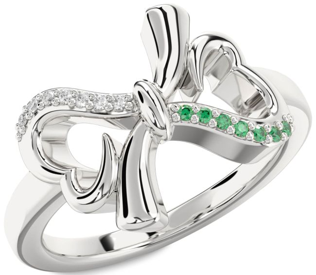 Emerald & Diamond Silver Heart Bow Promise Ring