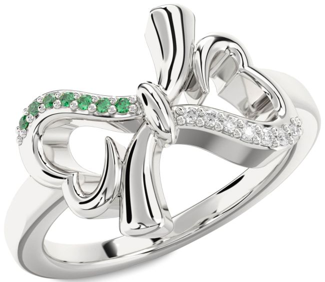 Diamond & Emerald Silver Heart Bow Promise Ring