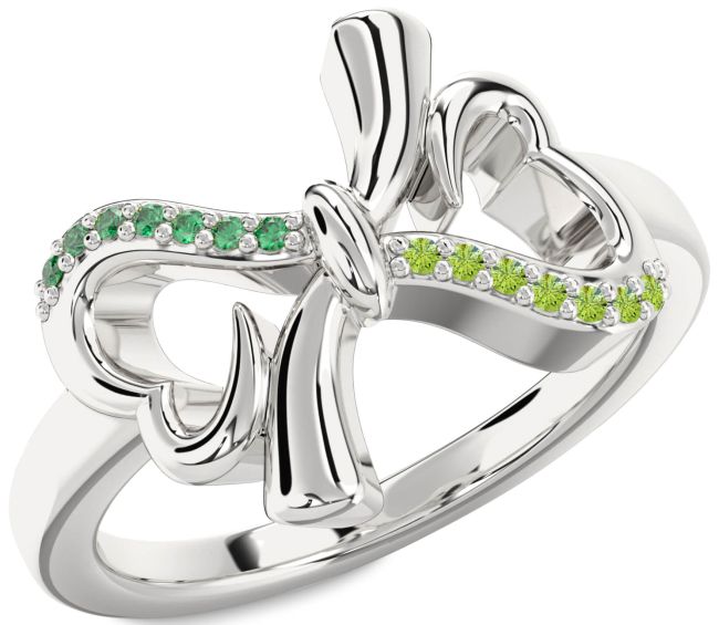 Emerald & Peridot Silver Heart Bow Promise Ring