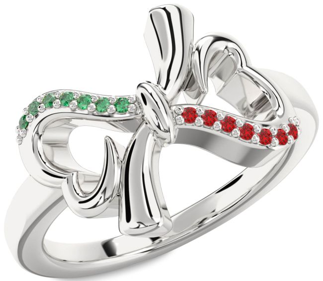 Emerald & Ruby Silver Heart Bow Promise Ring