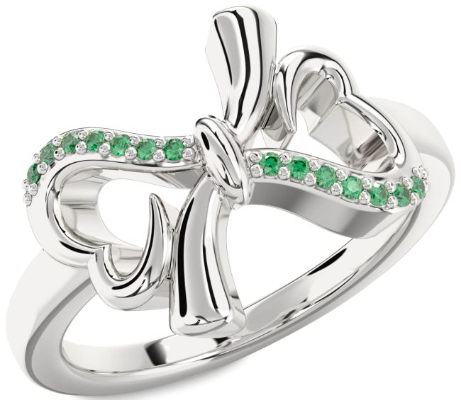 Emerald Silver Heart Bow Ring