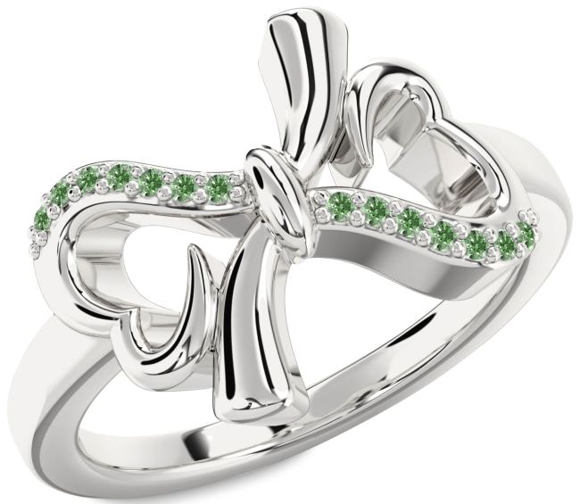 Green Diamond Silver Heart Bow Ring