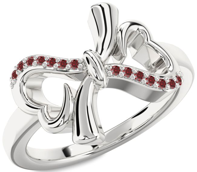 Garnet Silver Heart Bow Ring