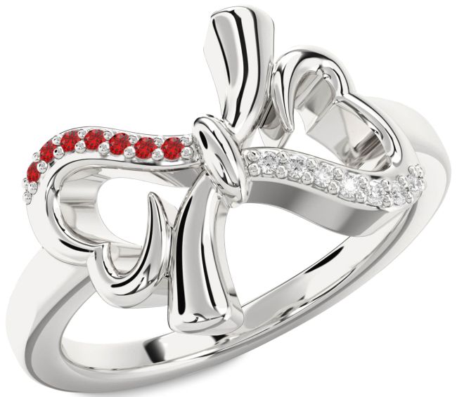 Diamond & Ruby Silver Heart Bow Promise Ring