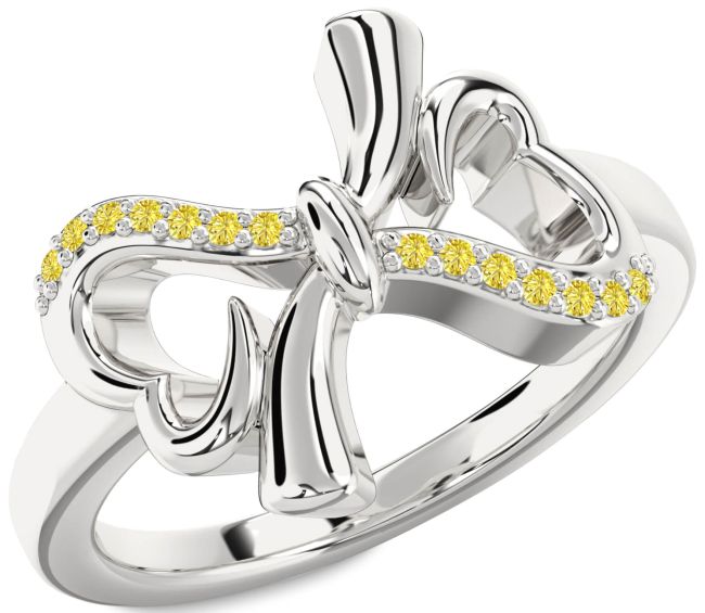 Yellow Diamond Silver Heart Bow Ring