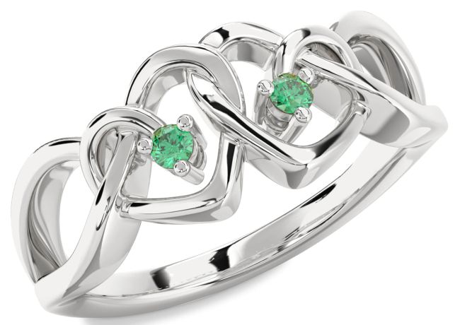 Emerald Silver Heart Two Stone Birthstone Ring