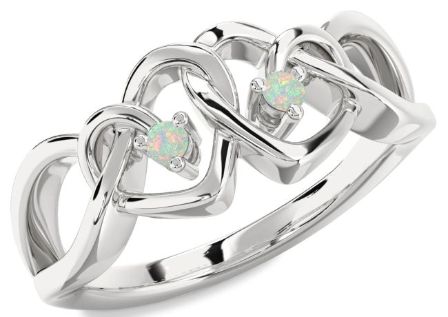Opal Silver Heart Two Stone Birthstone Ring
