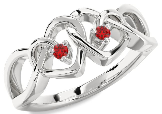 Ruby Silver Heart Two Stone Birthstone Ring