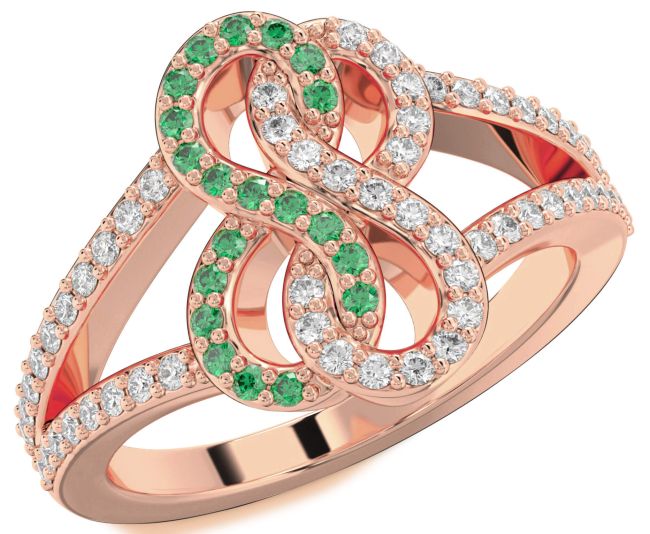 Diamond & Emerald Rose Gold Silver Infinity Round Promise Ring