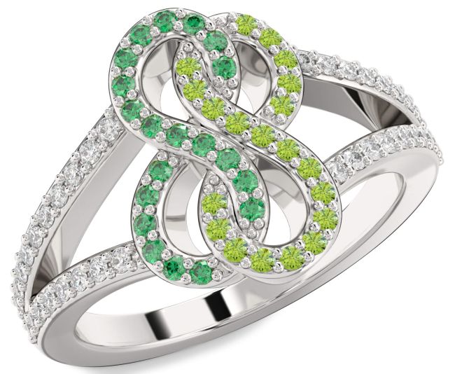 Diamond Emerald & Peridot Silver Infinity Round Promise Ring