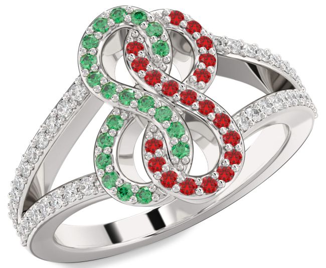Diamond Emerald & Ruby Silver Infinity Round Promise Ring