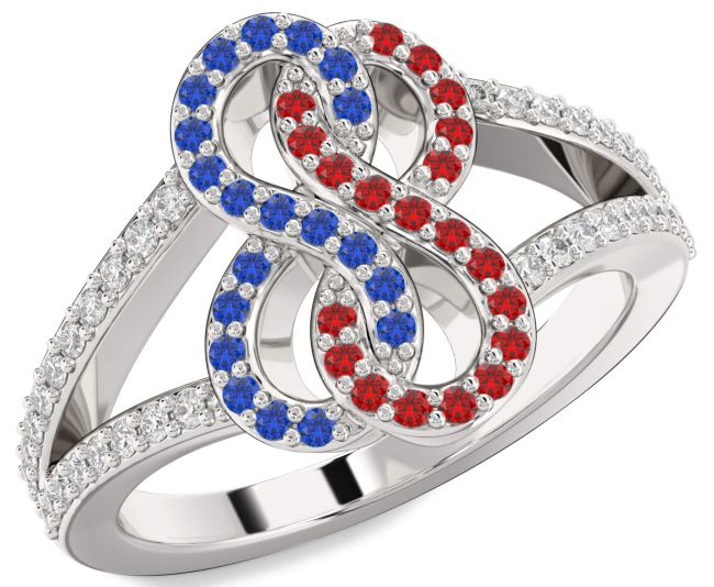 Diamond Blue Sapphire & Ruby Silver Infinity Round Promise Ring