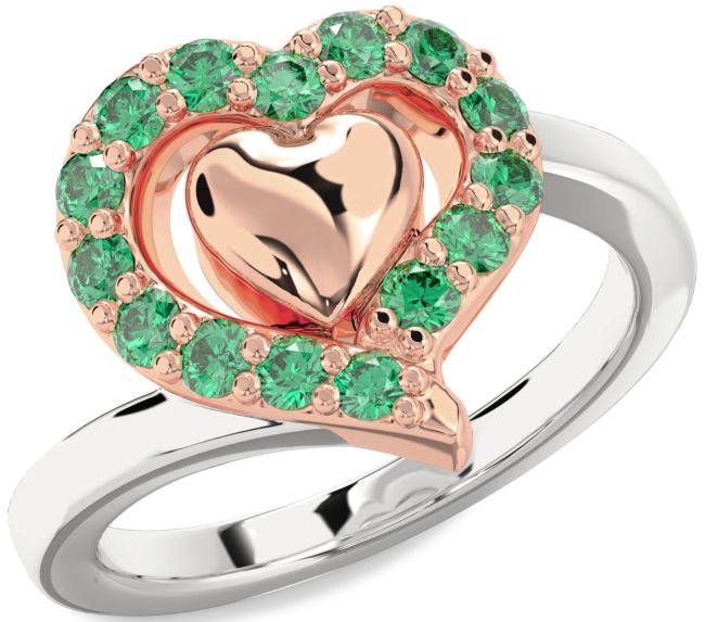 Emerald Rose Gold Silver Heart Ring