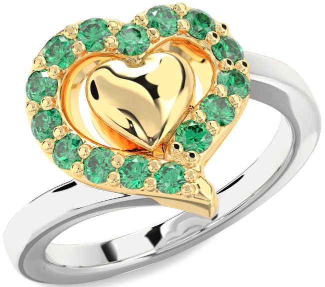 Emerald Gold Silver Heart Ring
