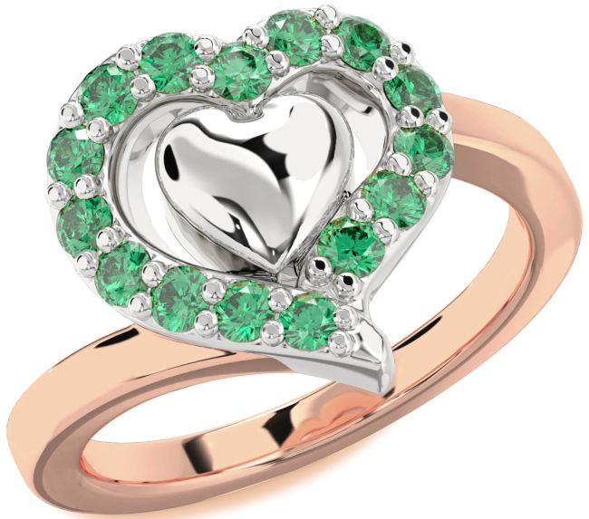 Emerald Rose Gold Silver Heart Ring