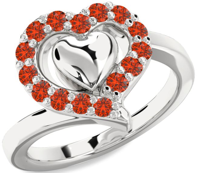 Fire Opal Platinum Heart Ring