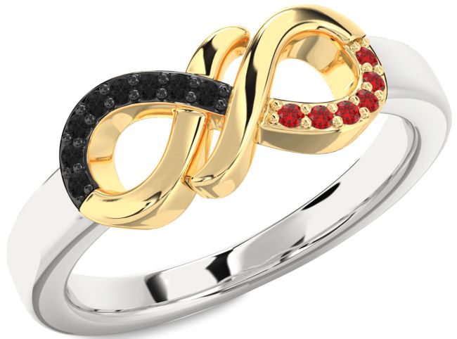 Black Diamond & Ruby Gold Silver Infinity Round Promise Ring