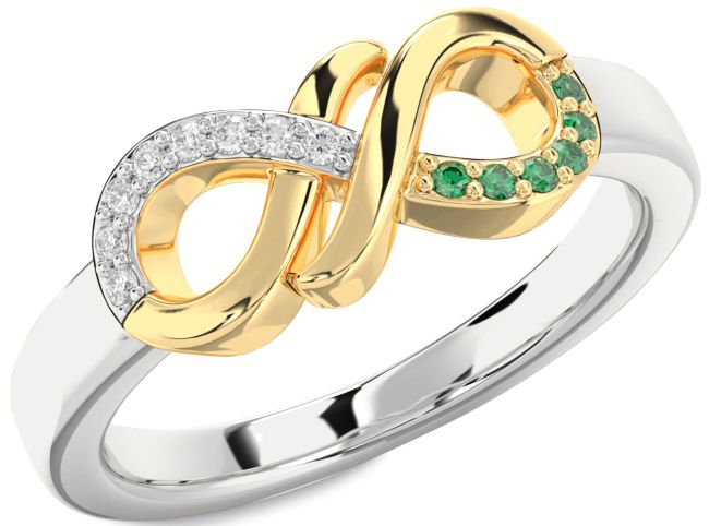 Emerald & Diamond Gold Silver Infinity Round Promise Ring