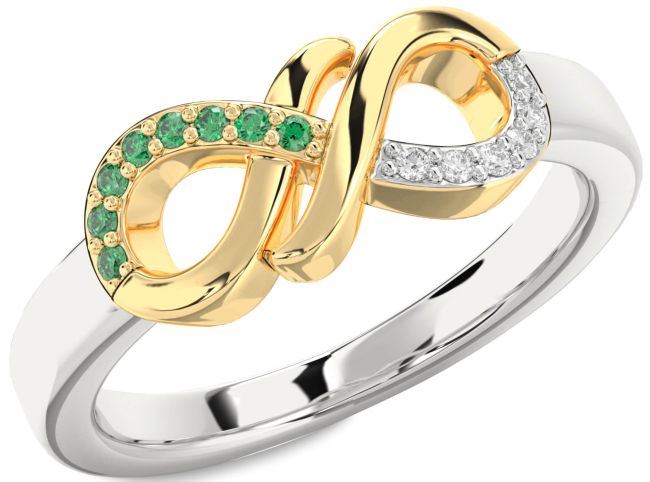 Diamond & Emerald Gold Silver Infinity Round Promise Ring