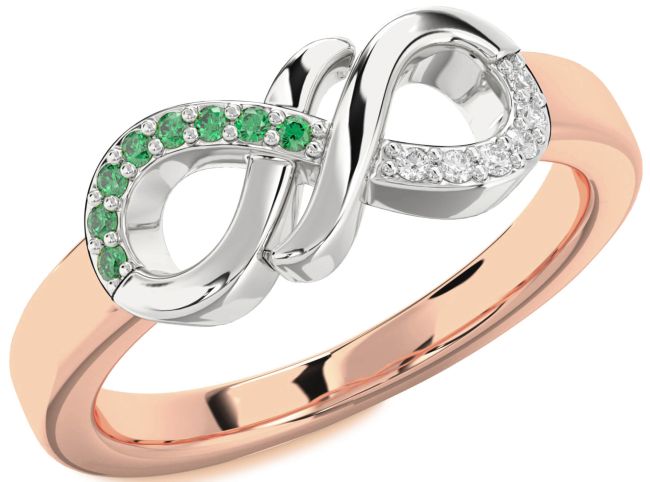 Diamond & Emerald Rose Gold Silver Infinity Round Promise Ring