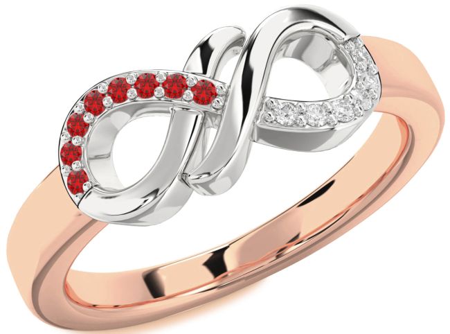 Diamond & Ruby Rose Gold Silver Infinity Round Promise Ring