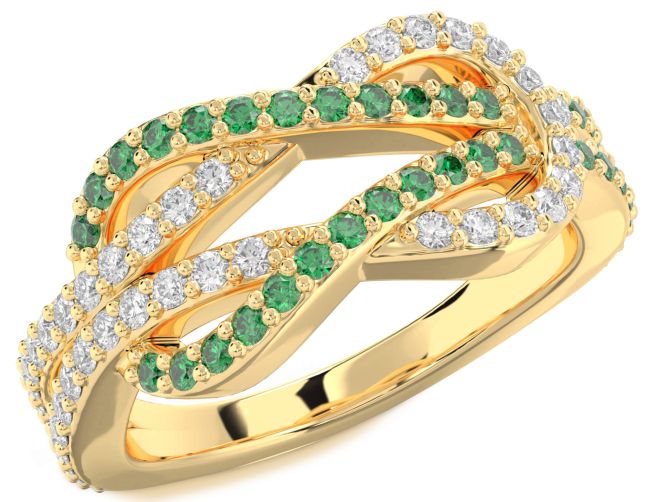 Emerald & Diamond Gold Silver Infinity Round Pave Promise Ring