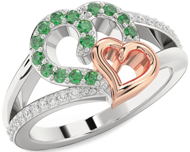 Diamond Emerald Rose Gold Silver Heart Ring