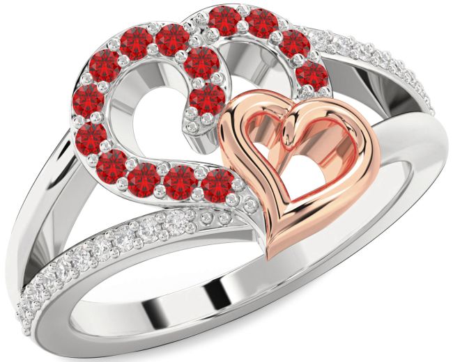 Diamond Ruby Rose Gold Silver Heart Ring
