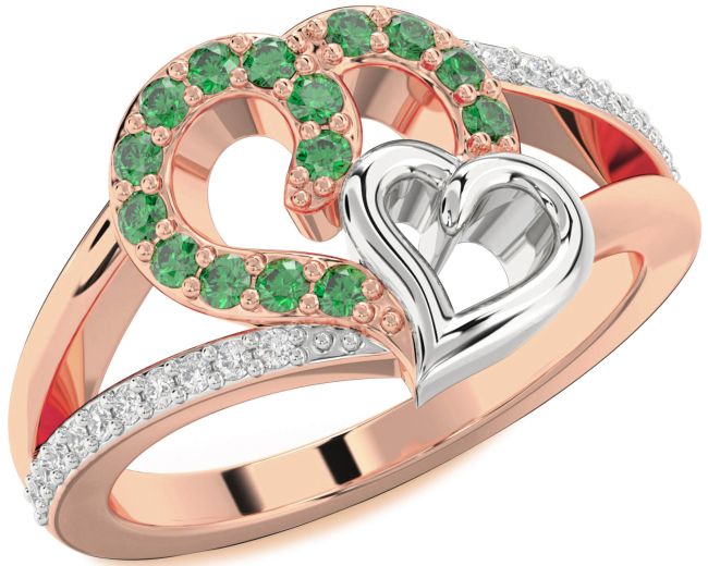 Diamond Emerald Rose Gold Silver Heart Ring