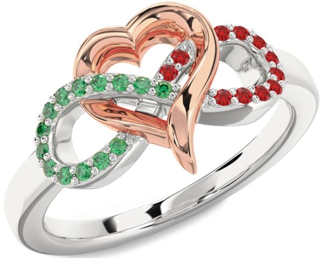 Emerald & Ruby Platinum & Rose Gold Infinity Heart Promise Ring