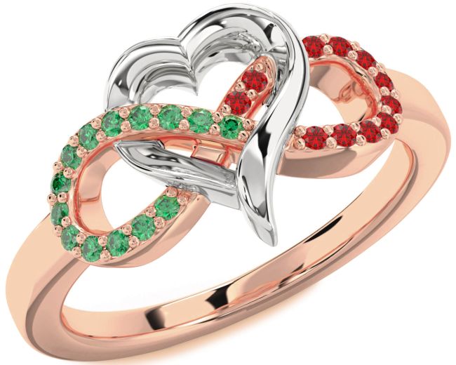 Emerald & Ruby Rose Gold Silver Infinity Heart Promise Ring