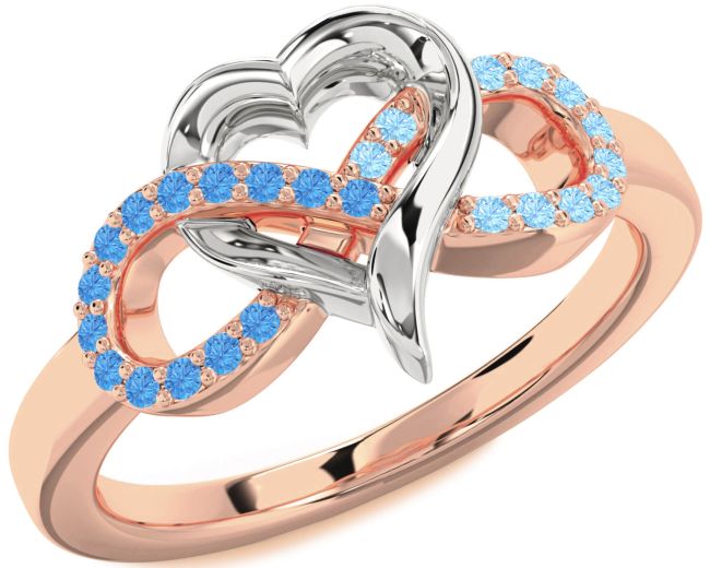 Swiss Blue Topaz & Aquamarine Rose Gold Silver Infinity Heart Promise Ring